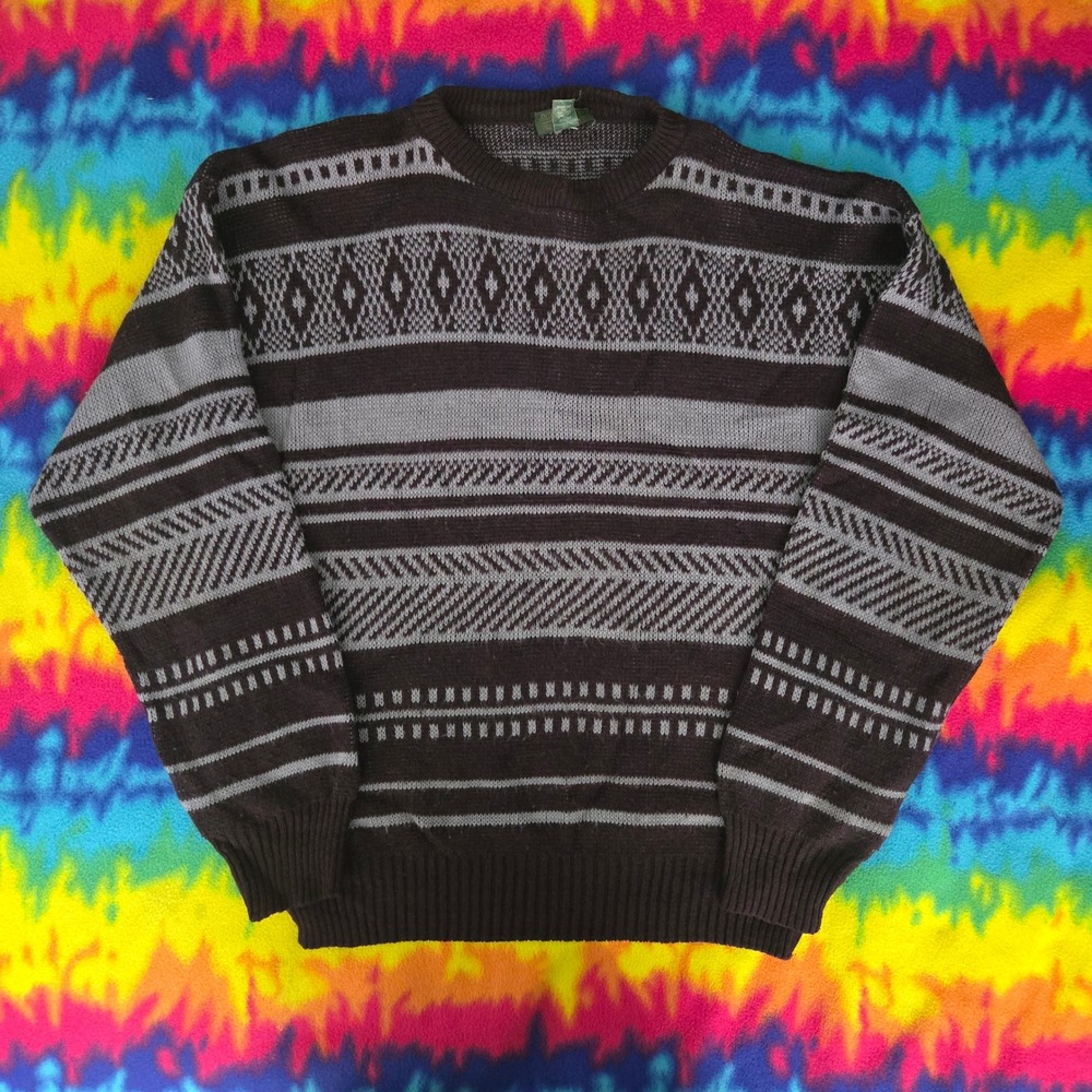 Vintage Robinsons Sweater Mens L Brown Grey Fair Isle Wool Blend Knit Italy 80s